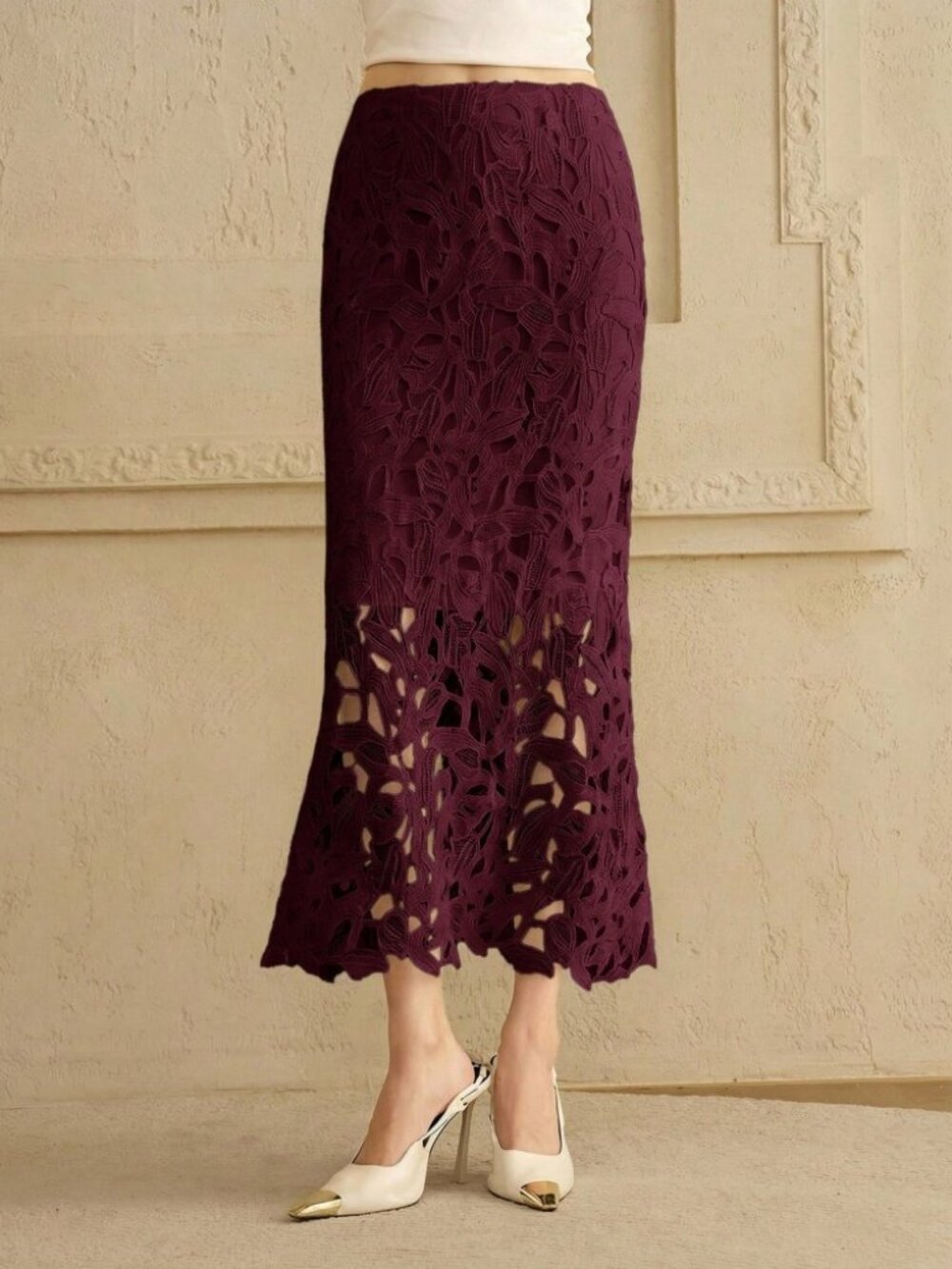 Plum Purple Lace Cutout Mermaid Maxi Skirt